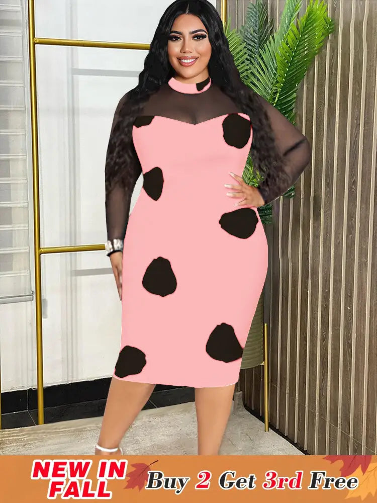 Tulle Long Sleeve Dot Bodycon Dresses Office Outfits for Ladies Pink / S