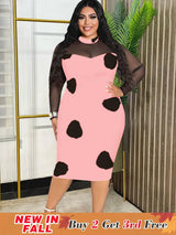 Tulle Long Sleeve Dot Bodycon Dresses Office Outfits for Ladies Pink / S