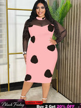 Tulle Long Sleeve Dot Bodycon Dresses Office Outfits for Ladies Pink / S