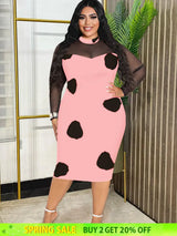 Tulle Long Sleeve Dot Bodycon Dresses Office Outfits for Ladies Pink / S