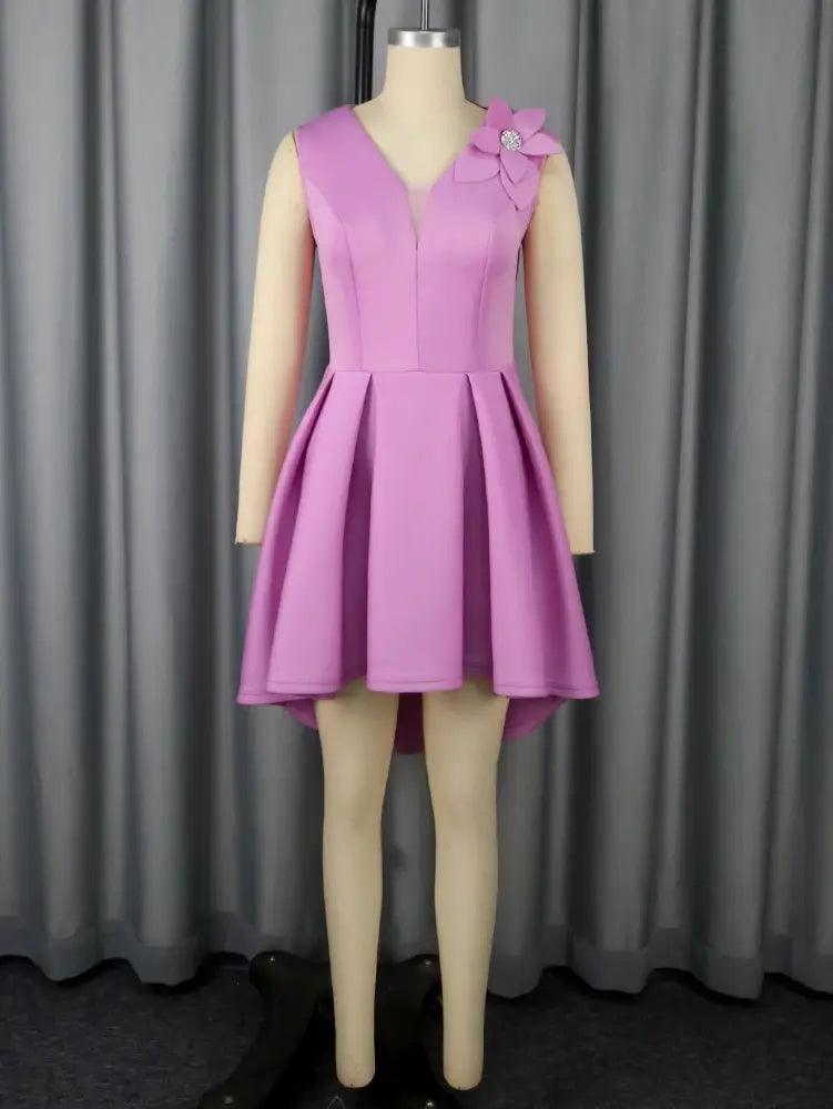 V Neck Sleeveless A Line Mini Dress with 3D Flower Elegant High Low Hem Party