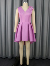 V Neck Sleeveless A Line Mini Dress with 3D Flower Elegant High Low Hem Party