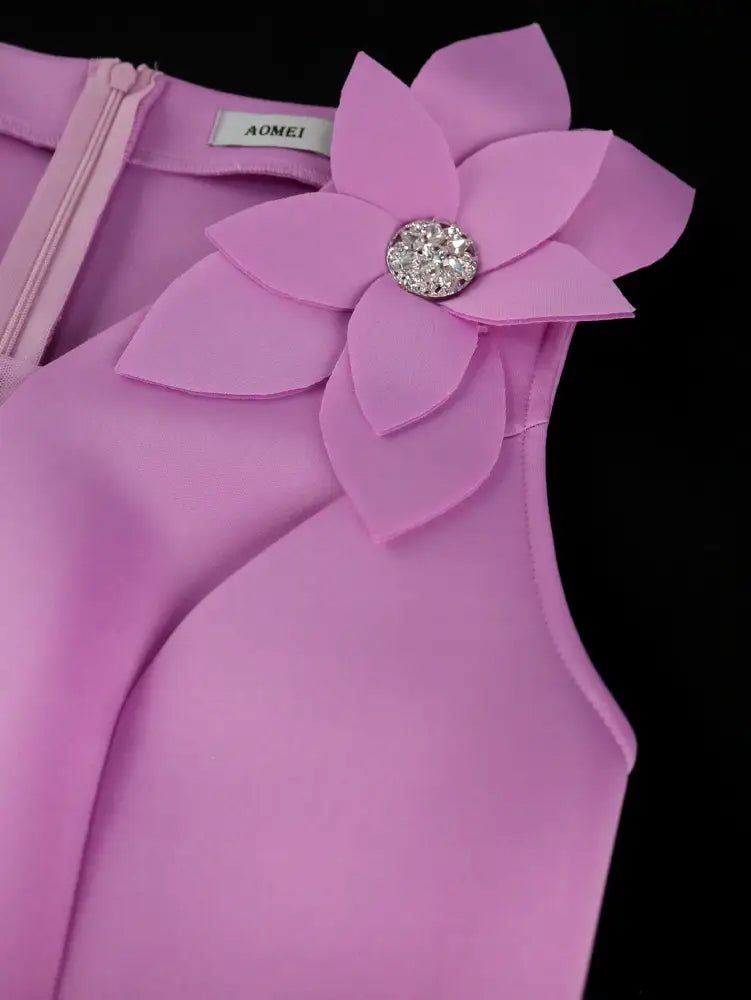 V Neck Sleeveless A Line Mini Dress with 3D Flower Elegant High Low Hem Party