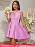 V Neck Sleeveless A Line Mini Dress with 3D Flower Elegant High Low Hem Party Lavender / S