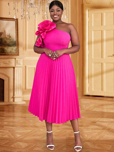 rose big flower one shoulder dress for women plus size pleated dress