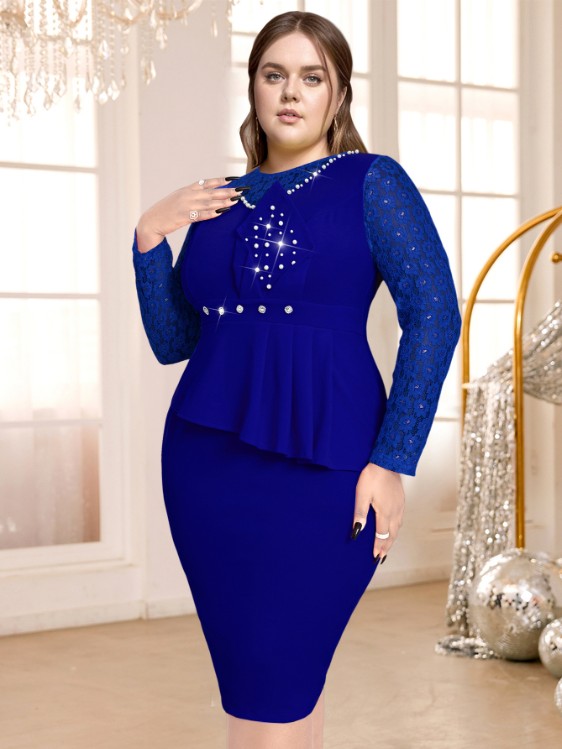 AOMEIDRESS Lace Patchwork Dress O Neck Long Sleeve Beading Bodycon Blue / S