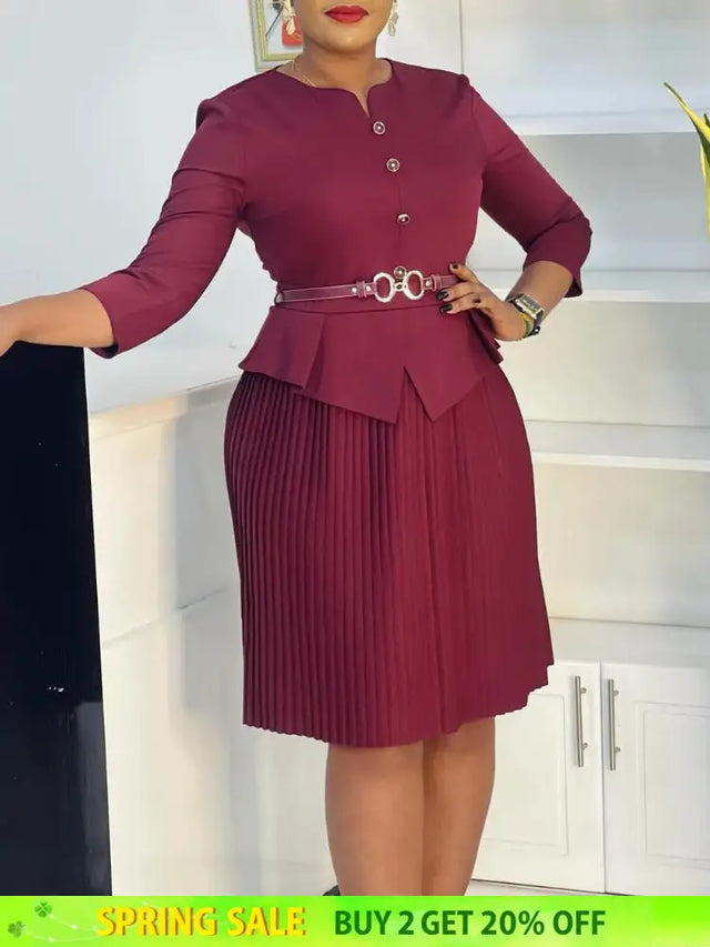 Woman Work Dress O Neck 3/4 Sleeve Peplum Belly Cover Waist Belt Button Pleated