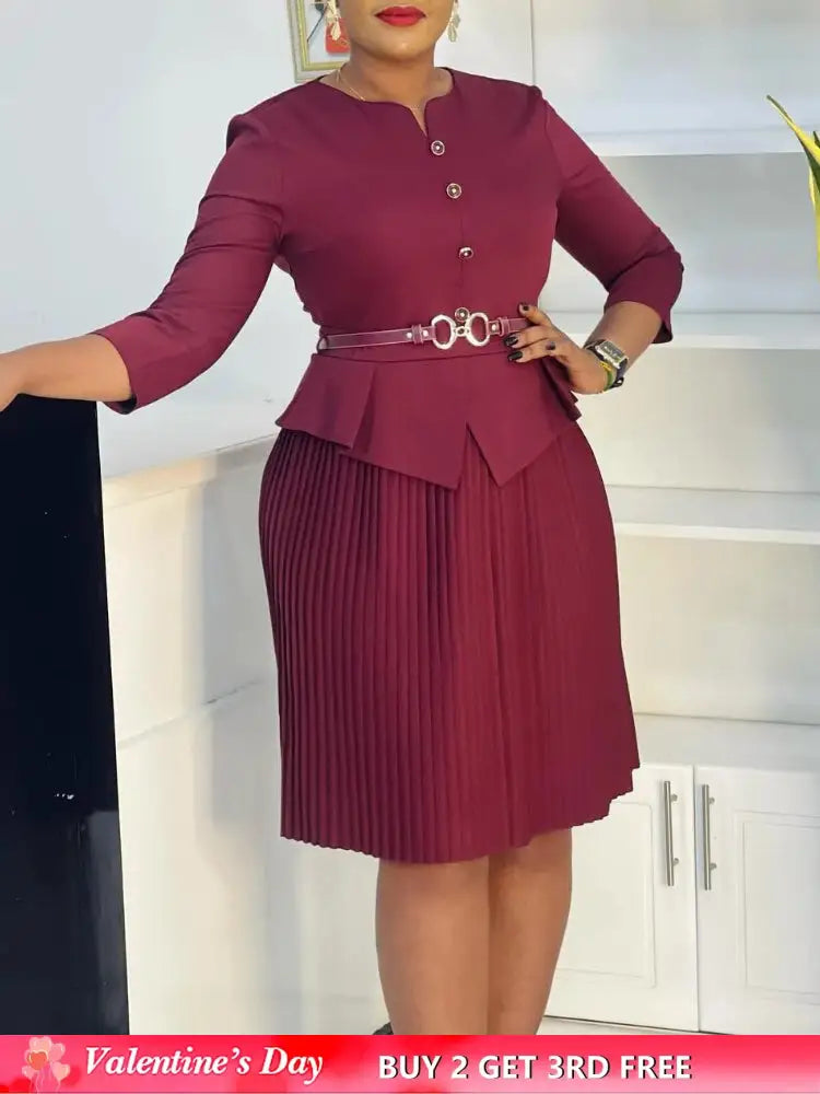 Woman Work Dress O Neck 3/4 Sleeve Peplum Belly Cover Waist Belt Button Pleated