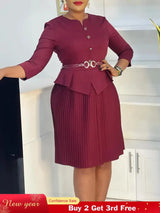 Woman Work Dress O Neck 3/4 Sleeve Peplum Belly Cover Waist Belt Button Pleated