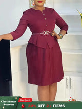 Woman Work Dress O Neck 3/4 Sleeve Peplum Belly Cover Waist Belt Button Pleated