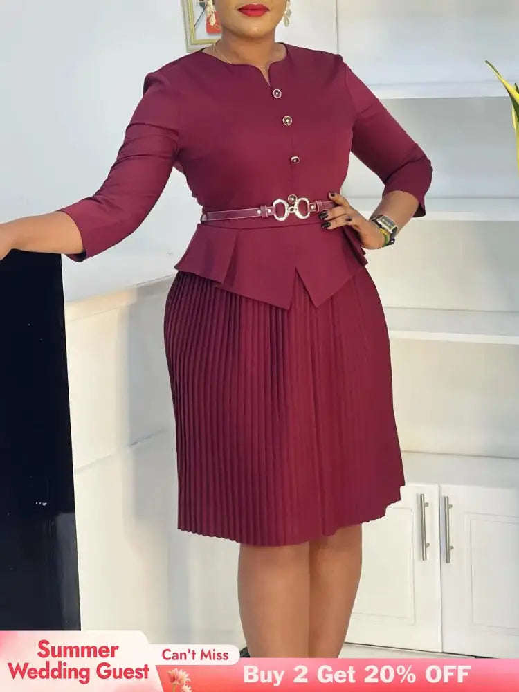 Woman Work Dress O Neck 3/4 Sleeve Peplum Belly Cover Waist Belt Button Pleated