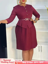 Woman Work Dress O Neck 3/4 Sleeve Peplum Belly Cover Waist Belt Button Pleated