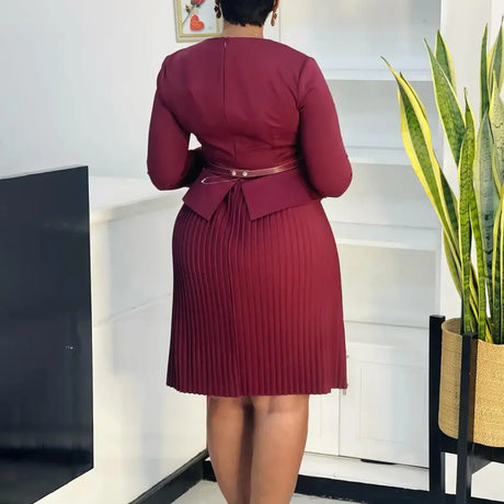 Woman Work Dress O Neck 3/4 Sleeve Peplum Belly Cover Waist Belt Button Pleated