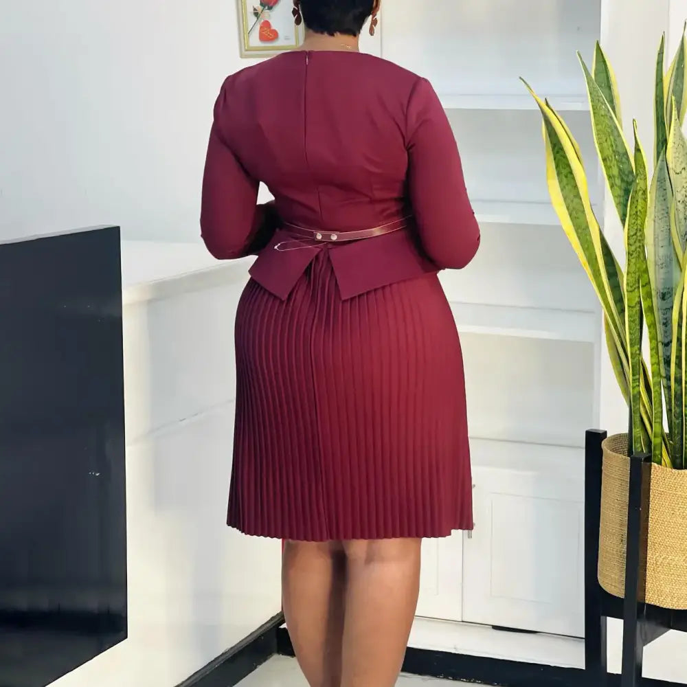 Woman Work Dress O Neck 3/4 Sleeve Peplum Belly Cover Waist Belt Button Pleated