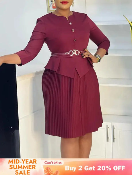 Woman Work Dress O Neck 3/4 Sleeve Peplum Belly Cover Waist Belt Button Pleated