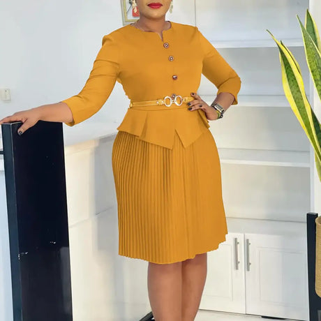 Woman Work Dress O Neck 3/4 Sleeve Peplum Belly Cover Waist Belt Button Pleated Yellow / S
