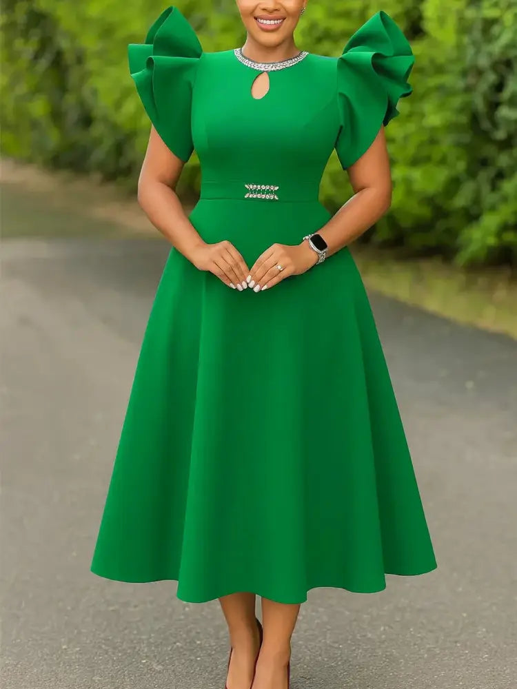 Women A Line Party Dresses Short Ruffles Sleeves Wedding Guest Birthday Occasion Green / S
