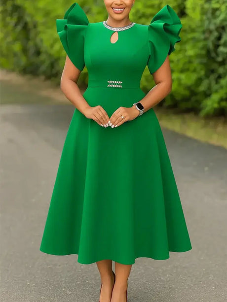 Women A Line Party Dresses Short Ruffles Sleeves Wedding Guest Birthday Occasion Green / S