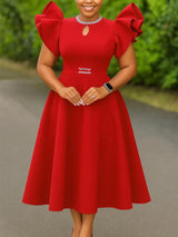 Women A Line Party Dresses Short Ruffles Sleeves Wedding Guest Birthday Occasion Red / S