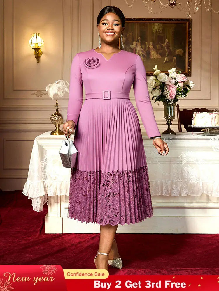 Women A Line Pleated Dress V Neck 3D Flower Patchwork Lace Autumn New