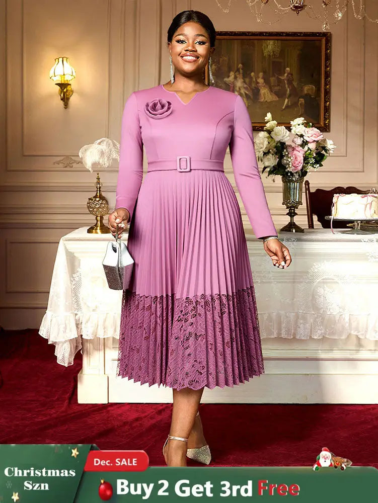 Women A Line Pleated Dress V Neck 3D Flower Patchwork Lace Autumn New