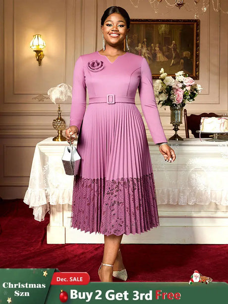 Women A Line Pleated Dress V Neck 3D Flower Patchwork Lace Autumn New