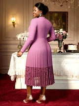 Women A Line Pleated Dress V Neck 3D Flower Patchwork Lace Autumn New