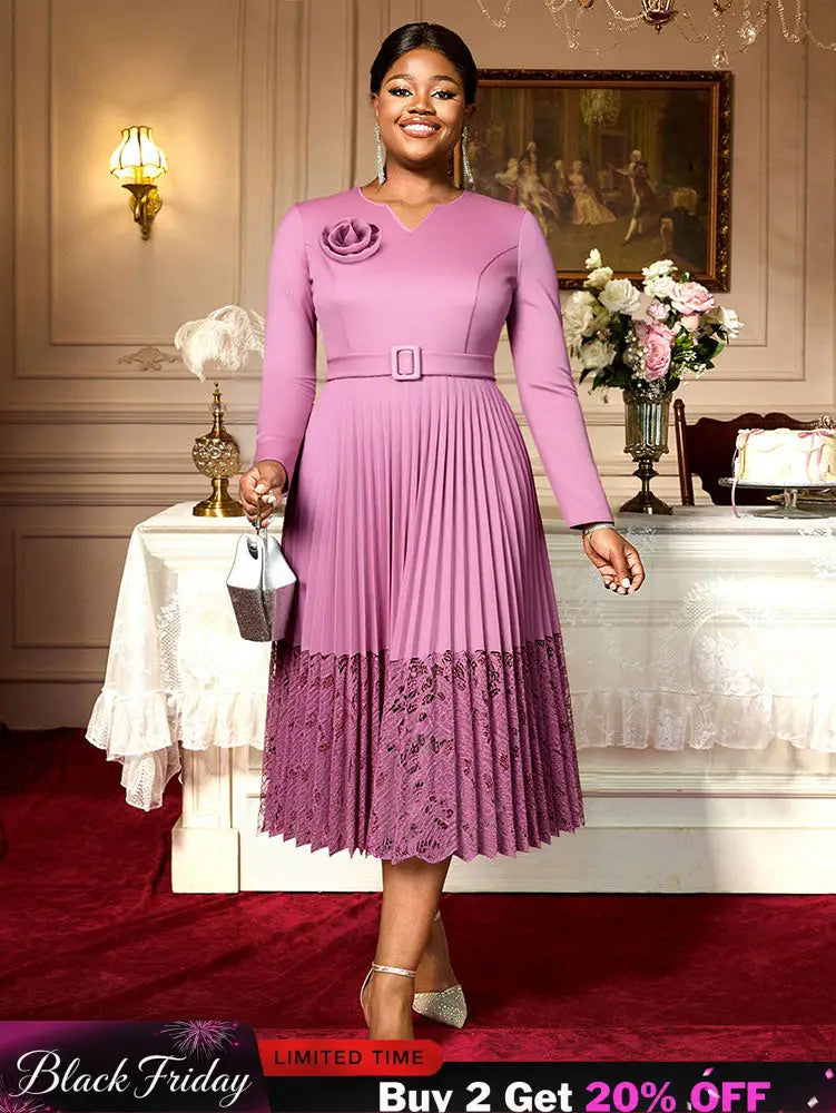 Women A Line Pleated Dress V Neck 3D Flower Patchwork Lace Autumn New
