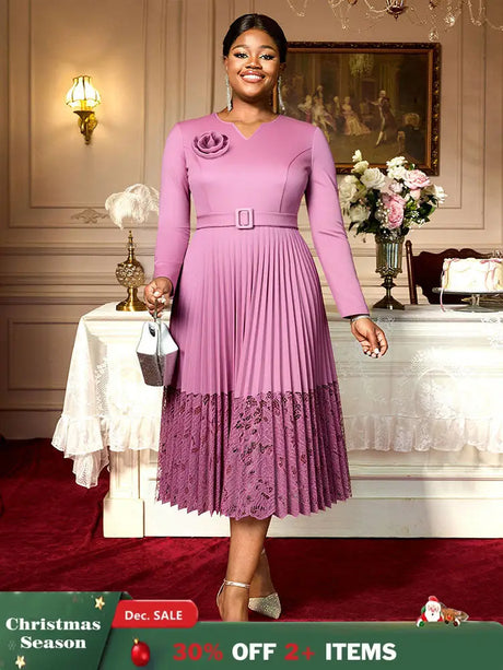 Women A Line Pleated Dress V Neck 3D Flower Patchwork Lace Autumn New