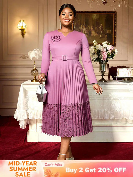 ladies pleated dresses Women's Dress 3/4 Sleeve V Neck Belted Elegant Work A-Line Pink Plaid Timeless Pleated Dress