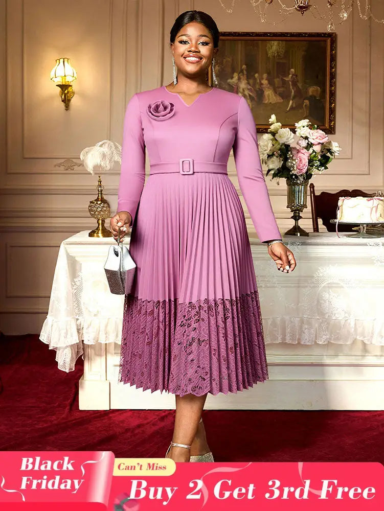 Women A Line Pleated Dress V Neck 3D Flower Patchwork Lace Autumn New