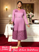 Women A Line Pleated Dress V Neck 3D Flower Patchwork Lace Autumn New