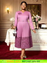 Women A Line Pleated Dress V Neck 3D Flower Patchwork Lace Autumn New