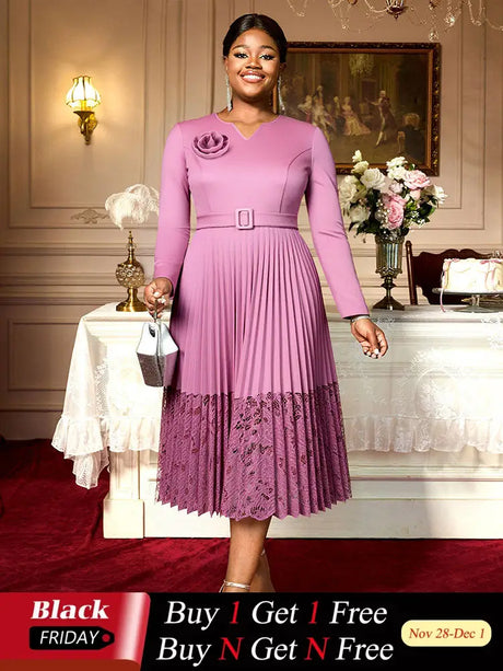 Women A Line Pleated Dress V Neck 3D Flower Patchwork Lace Autumn New