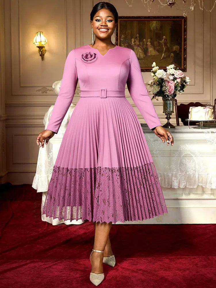 Elegant Pleated Lace Midi Dress with Belt and Flower Detail