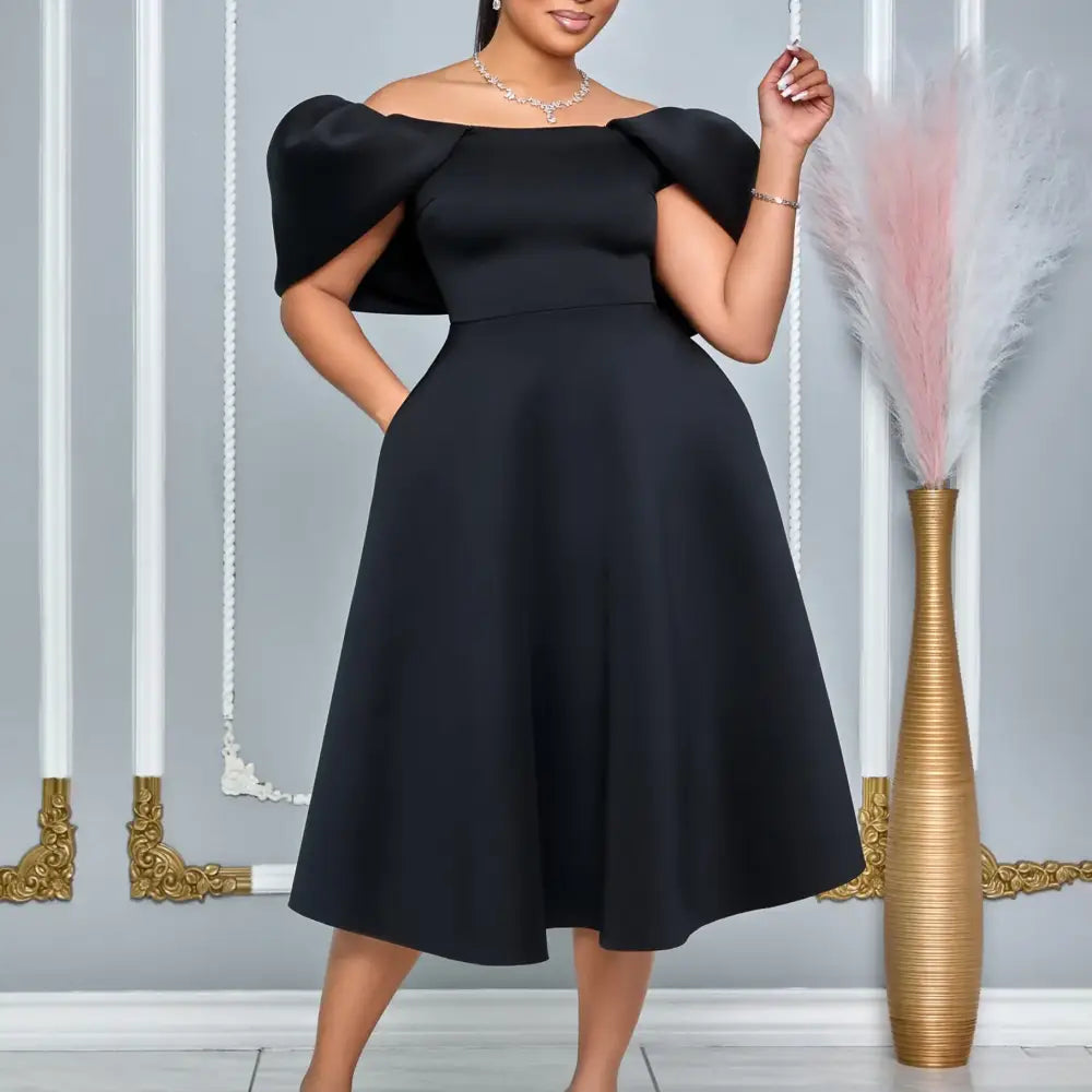 Women A Line Pleted Party Dress Elegant Short Sleeves Off Shoulder Black / S