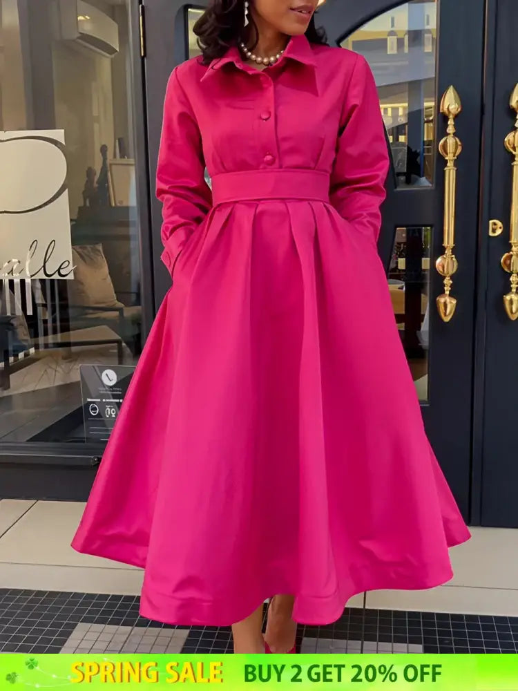 Women Autumn New Item Wrinkled Lapel Long Sleeved A line Dress