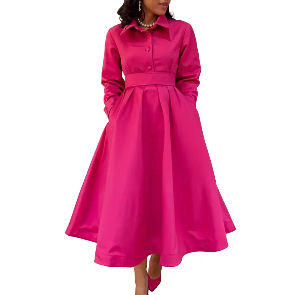 Women Autumn New Item Wrinkled Lapel Long Sleeved A line Dress