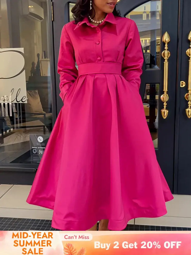 Women Autumn New Item Wrinkled Lapel Long Sleeved A line Dress