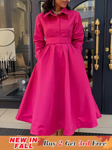 Women Autumn New Item Wrinkled Lapel Long Sleeved A line Dress