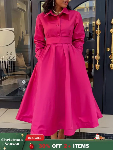 Women Autumn New Item Wrinkled Lapel Long Sleeved A line Dress