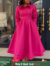 Women Autumn New Item Wrinkled Lapel Long Sleeved A line Dress