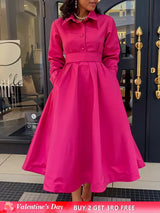 Women Autumn New Item Wrinkled Lapel Long Sleeved A line Dress