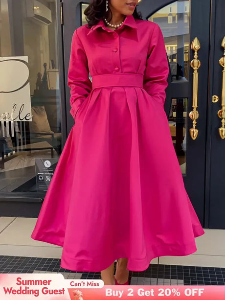 Women Autumn New Item Wrinkled Lapel Long Sleeved A line Dress