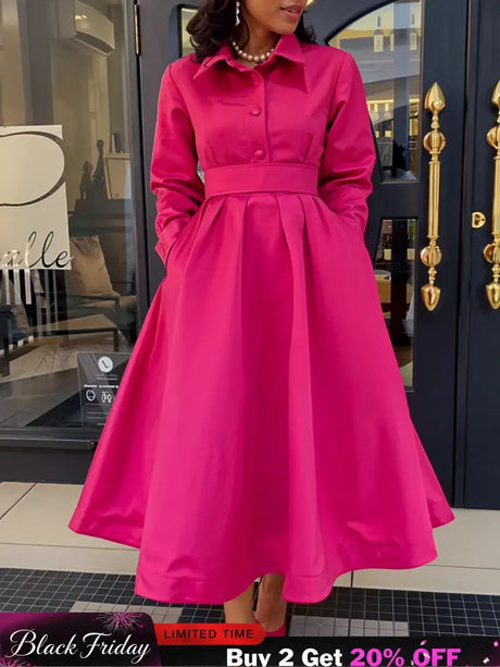 Women Autumn New Item Wrinkled Lapel Long Sleeved A line Dress