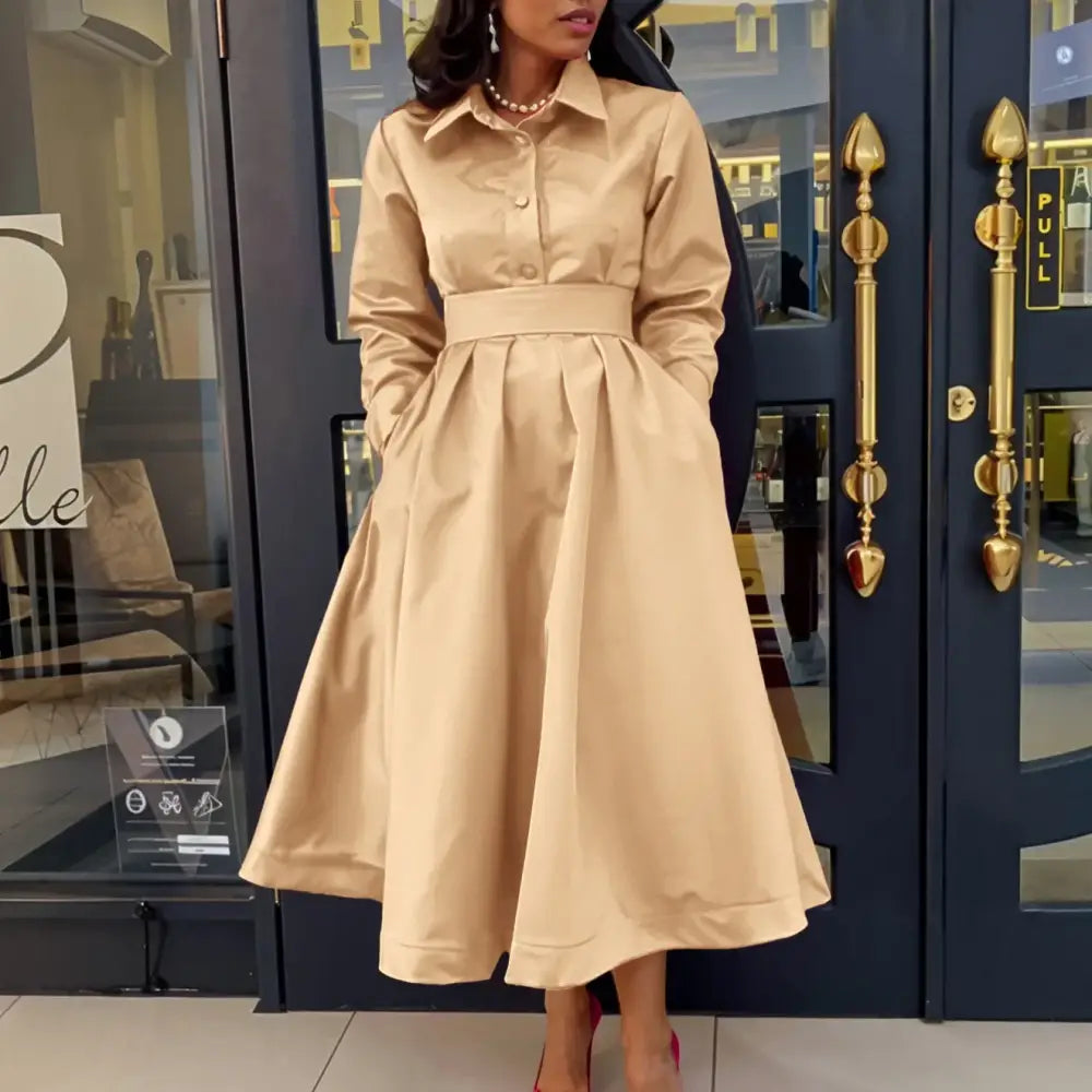 Women Autumn New Item Wrinkled Lapel Long Sleeved A line Dress Khaki / S