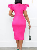 Women Bodycon Dress O Neck Beading Ruffles Sleeves High Waist African Party Fashion