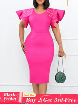 Women Bodycon Dress O Neck Beading Ruffles Sleeves High Waist African Party Fashion Rose Red / S