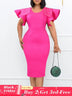 Women Bodycon Dress O Neck Beading Ruffles Sleeves High Waist African Party Fashion Rose Red / S
