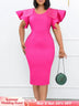 Women Bodycon Dress O Neck Beading Ruffles Sleeves High Waist African Party Fashion Rose Red / S